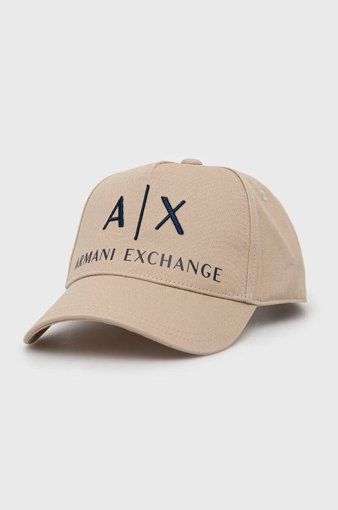 Бавовняна шапка Armani Exchange колір бежевий з аплікацією