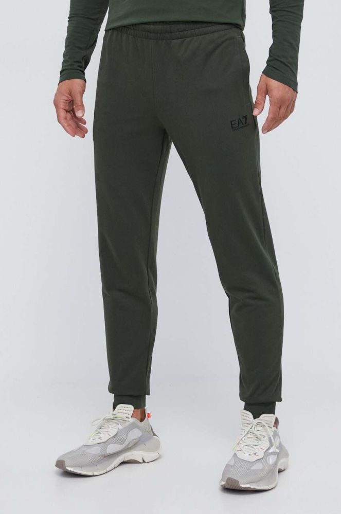 Бавовняні спортивні штани EA7 Emporio Armani колір зелений однотонні (3453304)