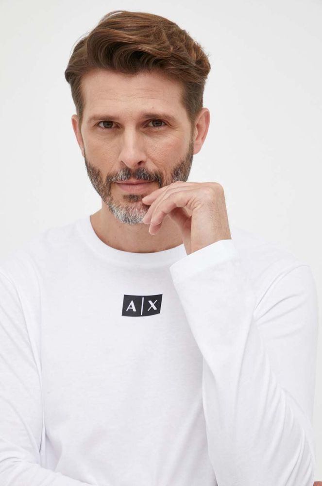 Бавовняний лонгслів Armani Exchange колір білий з принтом