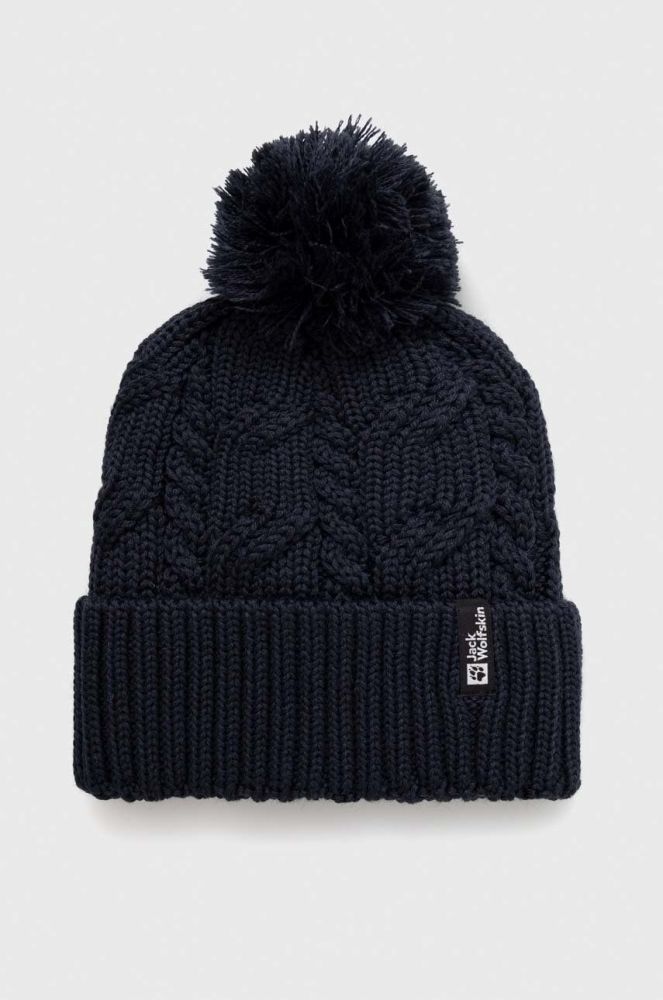 Шапка Jack Wolfskin Pompom колір синій вовна