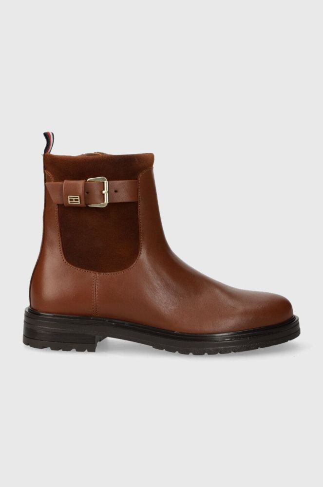 Шкіряні черевики Tommy Hilfiger BELT BOOTIE MATERIAL MIX жіночі колір коричневий на плоскому ходу FW0FW07477