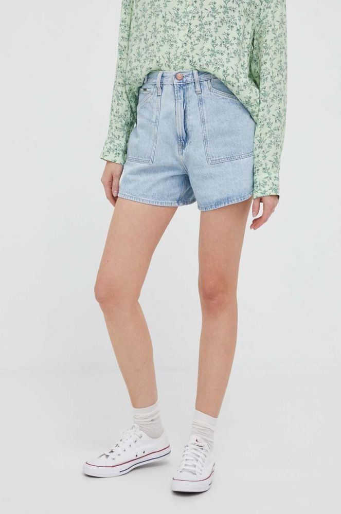 Джинсові шорти Pepe Jeans RACHEL жіночі однотонні висока посадка колір блакитний