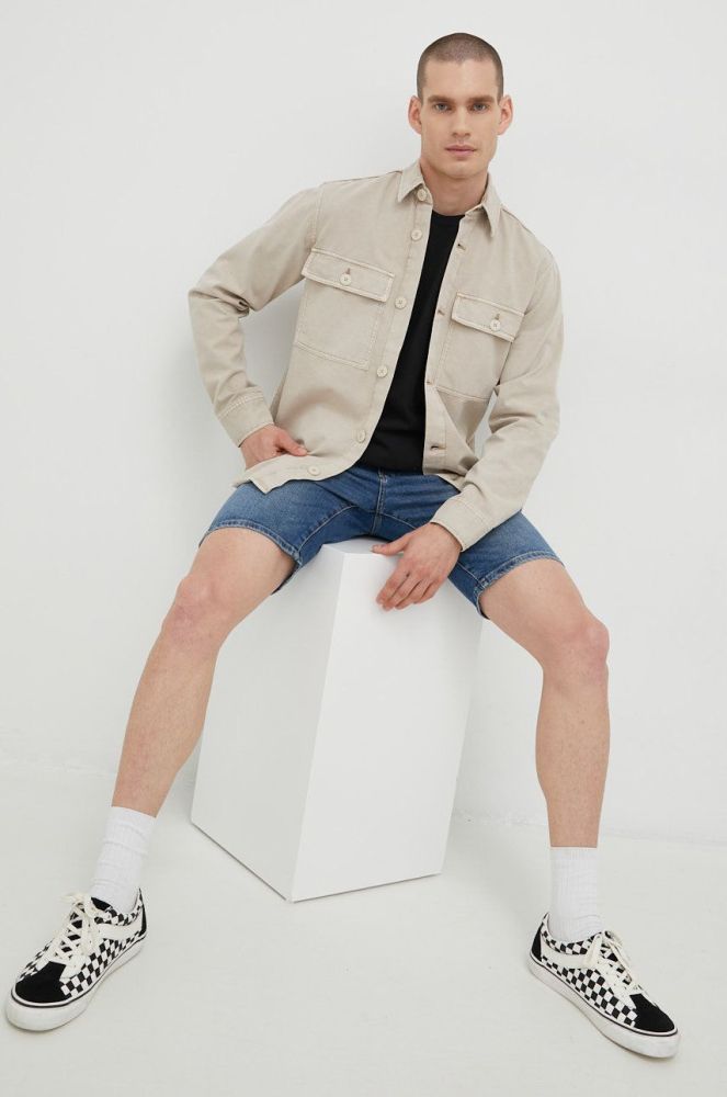 Бавовняна сорочка Jack & Jones чоловіча колір бежевий regular класичний комір