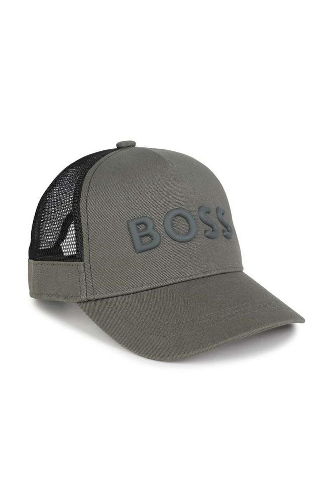 Дитяча бавовняна шапка BOSS колір зелений з принтом