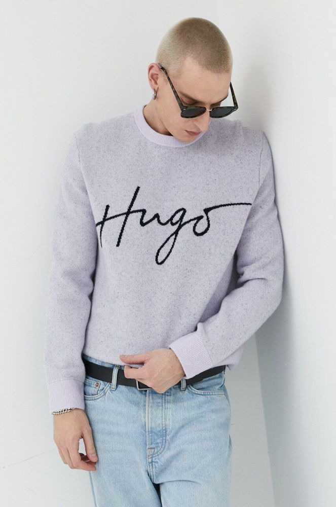 Вовняний светр HUGO чоловічий колір фіолетовий теплий