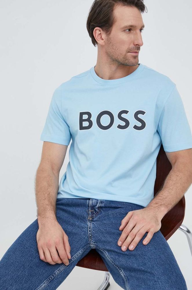 Футболка BOSS BOSS GREEN чоловіча з принтом колір блакитний