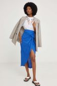 Спідниця зі льном Answear Lab midi пряма колір блакитний